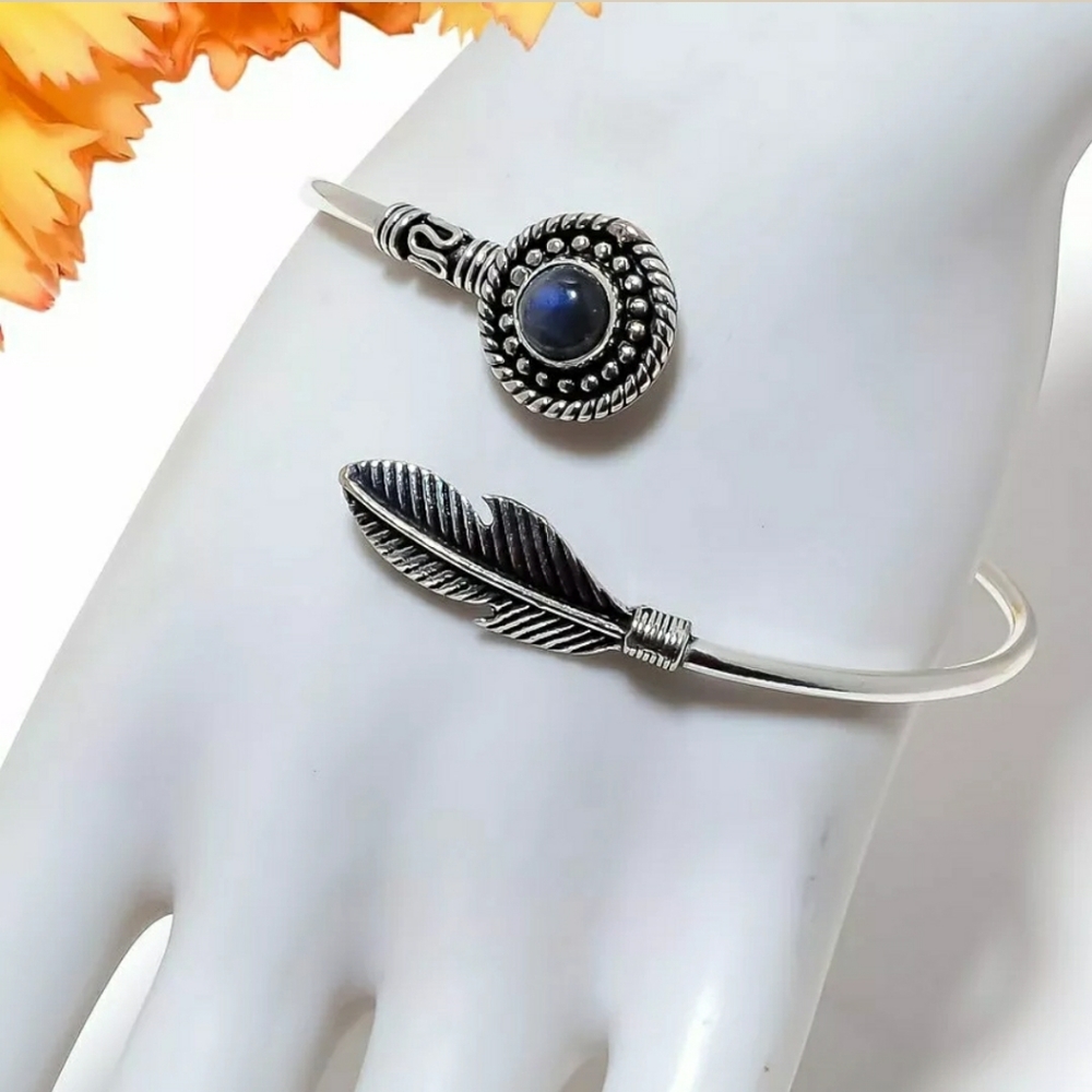 Labradorite Cuff Feather Bracelet SS 925